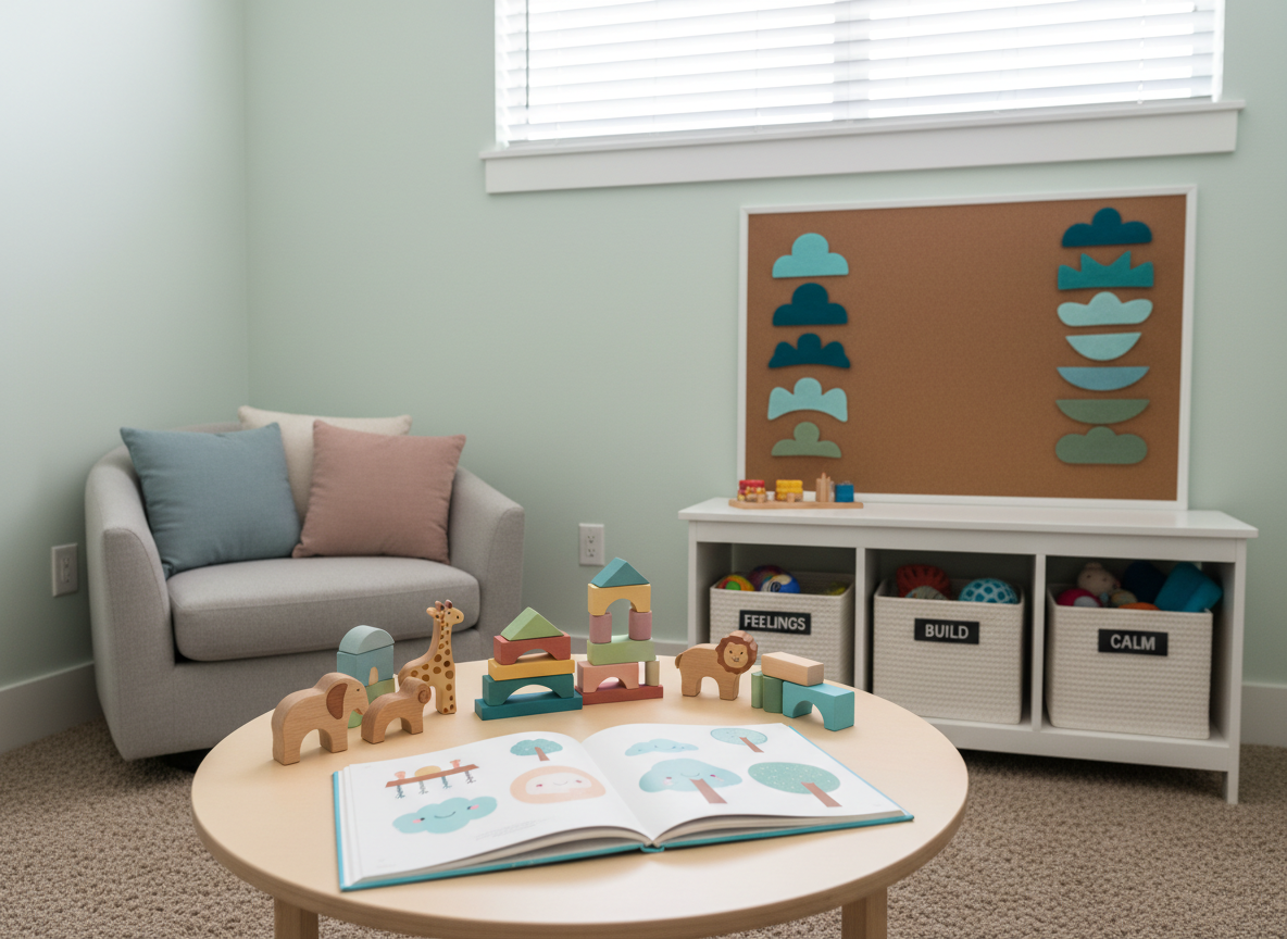 A children’s counseling space designed with soothing professionalism: a small round birch table with neatly arranged wooden animal figurines, pastel-colored building blocks, and a single open picture book showing friendly illustrations. Nearby, a low shelf holds organized therapy toys in labeled baskets, while a corkboard above displays simple, abstract shapes in calming blues and greens instead of personal artwork. Soft, even daylight enters through a high window with white blinds, illuminating pale mint walls and a cushioned reading nook with solid-colored pillows. Shot in photographic realism at child’s-eye level, with a moderate depth of field, the mood feels safe, structured, and reassuring, ideal for a child and adolescent counseling section.