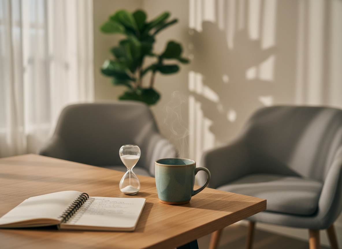 A warmly lit counseling office corner featuring a light oak desk with a neatly arranged open notebook, a ceramic mug of herbal tea releasing a faint wisp of steam, and a small sand timer with fine white grains mid-flow. Behind the desk, a soft gray upholstered armchair faces an empty matching chair, suggesting a calm conversation space. A tall plant with broad green leaves stands near a window, where diffused daylight passes through sheer curtains, casting gentle shadows on pale cream walls. Photographic realism, eye-level composition with a shallow depth of field keeps the foreground in crisp focus while the background softly blurs, creating a professional, welcoming atmosphere ideal for a psychological counseling center homepage hero image.