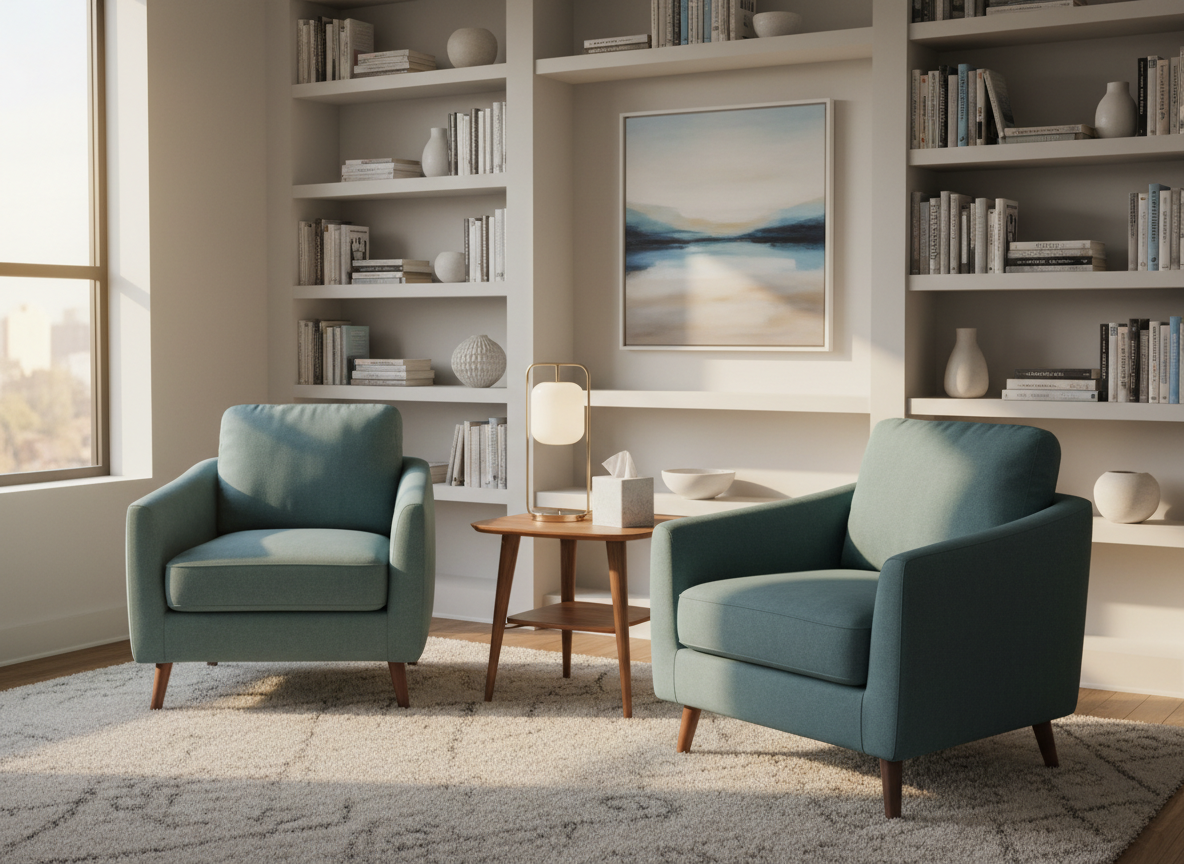 A serene therapy room with two empty, plush teal armchairs angled slightly toward each other over a soft, neutral-toned rug, a low wooden side table between them holding neatly stacked tissue boxes and a small, minimalist table lamp. Built-in white shelves along the wall display mental health books, simple ceramic objects, and a framed abstract artwork in gentle blues and beiges. Late afternoon natural light filters through a large window, creating a warm, calming glow and soft shadows. Captured in photographic realism from a slightly elevated angle, the composition follows the rule of thirds, conveying safety, trust, and professional psychological guidance without any human presence.